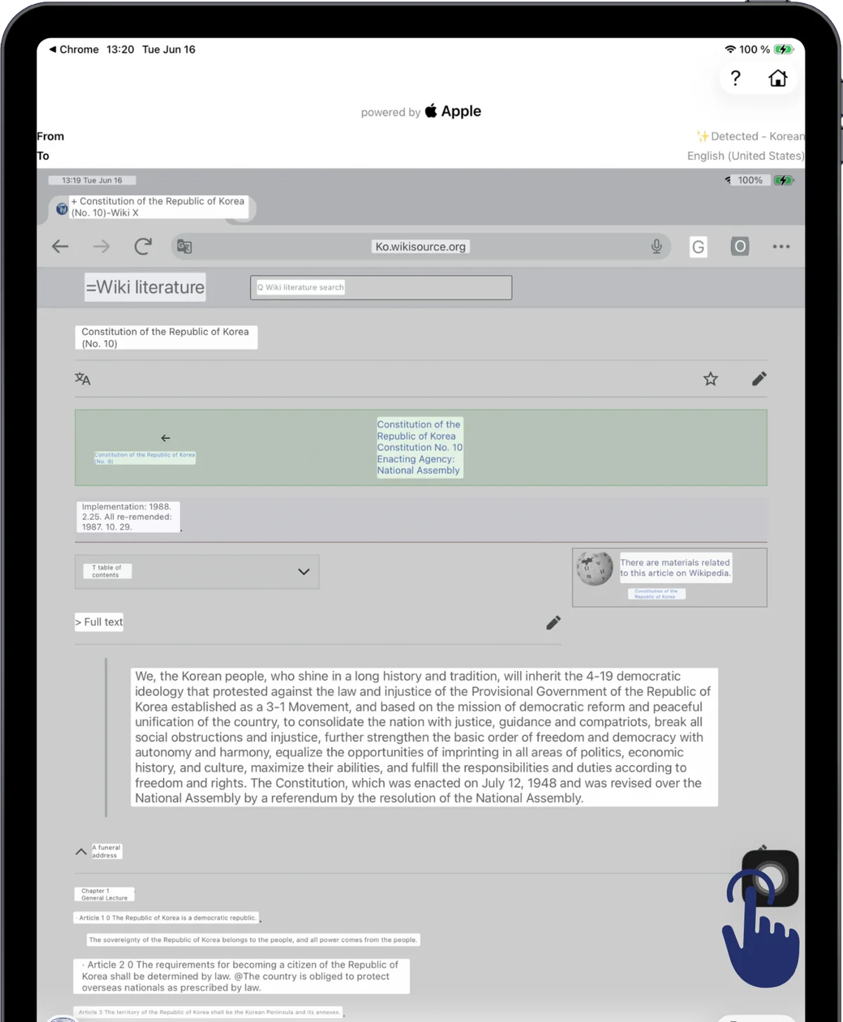 An iPad showing a Korean constitution page with the English translation overlaid in place