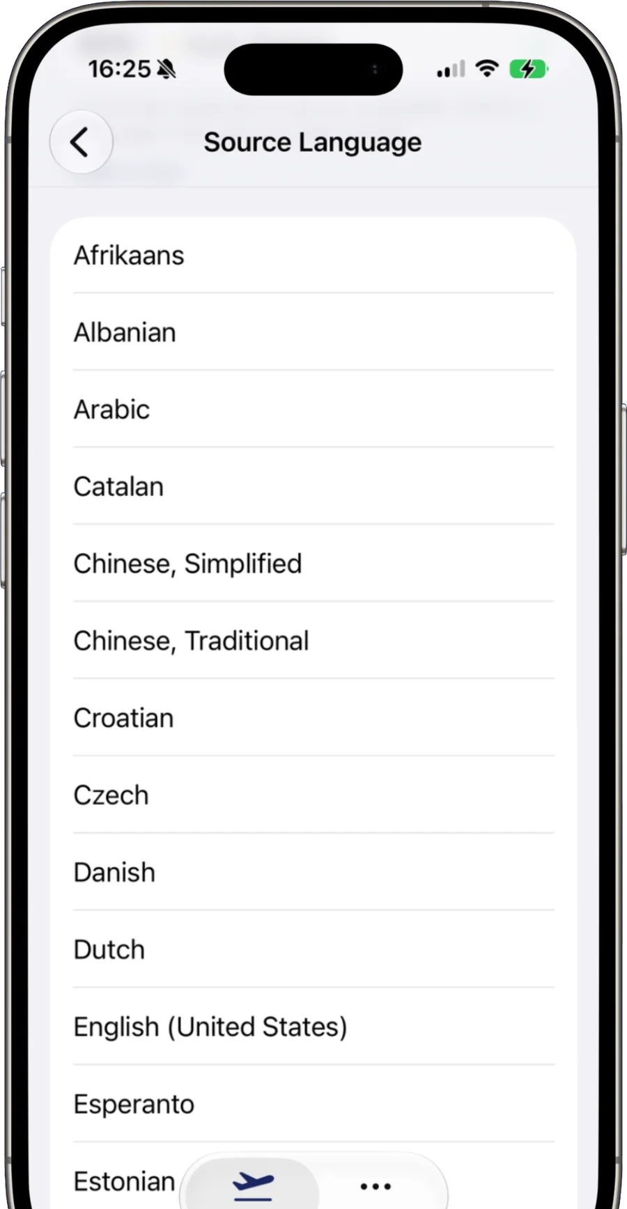 TapTranslate's source-language picker, scrolled to the top of the alphabetical list