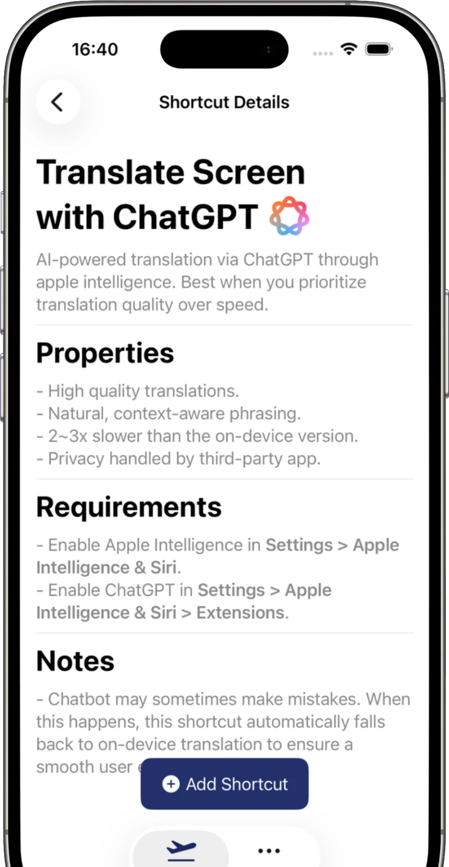 The ChatGPT shortcut's detail screen in TapTranslate, listing properties and requirements