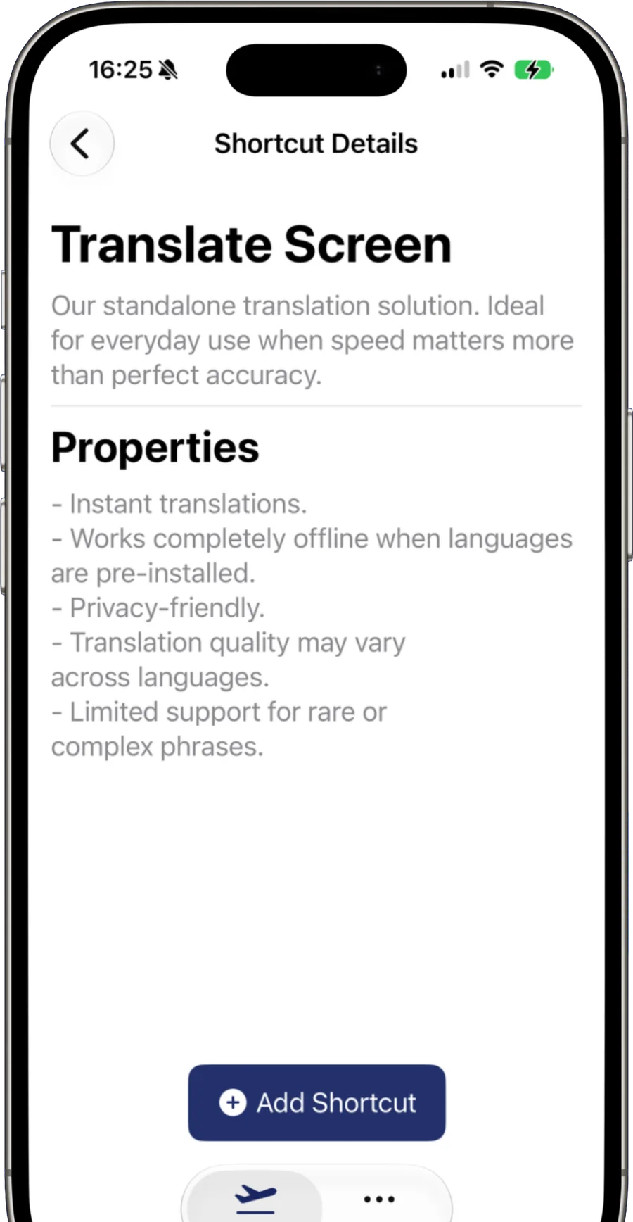 The on-device shortcut's detail screen in TapTranslate, listing its properties