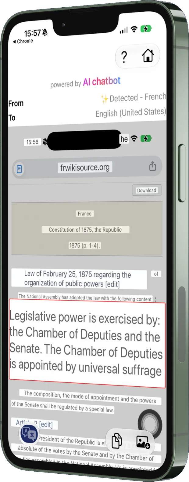 TapTranslate's full-screen result: a French page translated into English, with a recognized block boxed and the copy and save controls at the bottom