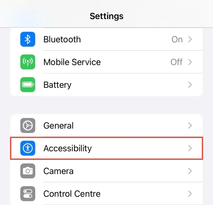 The iOS Settings app with Accessibility highlighted
