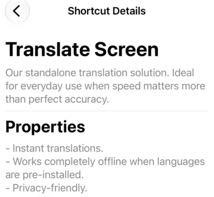 TapTranslate's Shortcut Details screen for the on-device Translate Screen shortcut