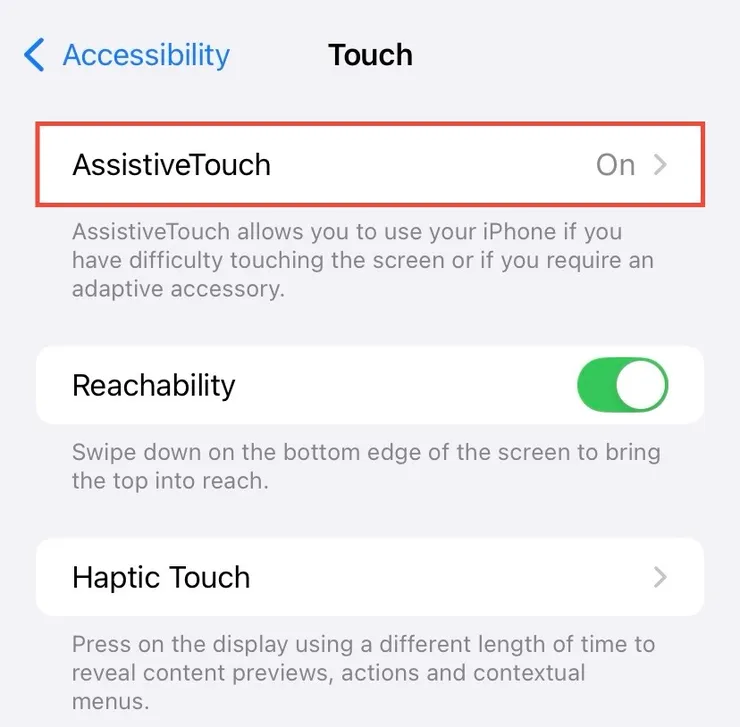 The Touch settings with AssistiveTouch highlighted and switched on