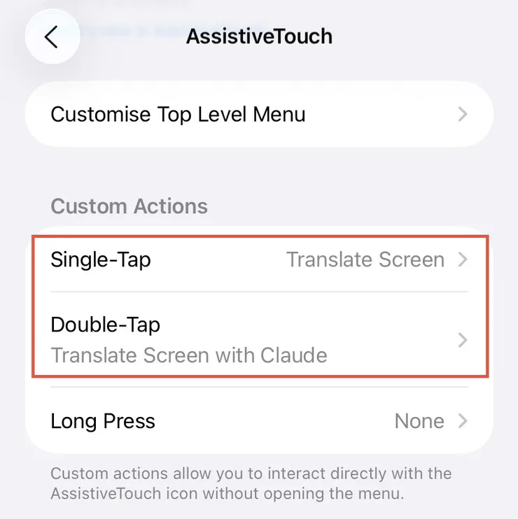 AssistiveTouch Custom Actions with a different TapTranslate shortcut on Single-Tap and Double-Tap