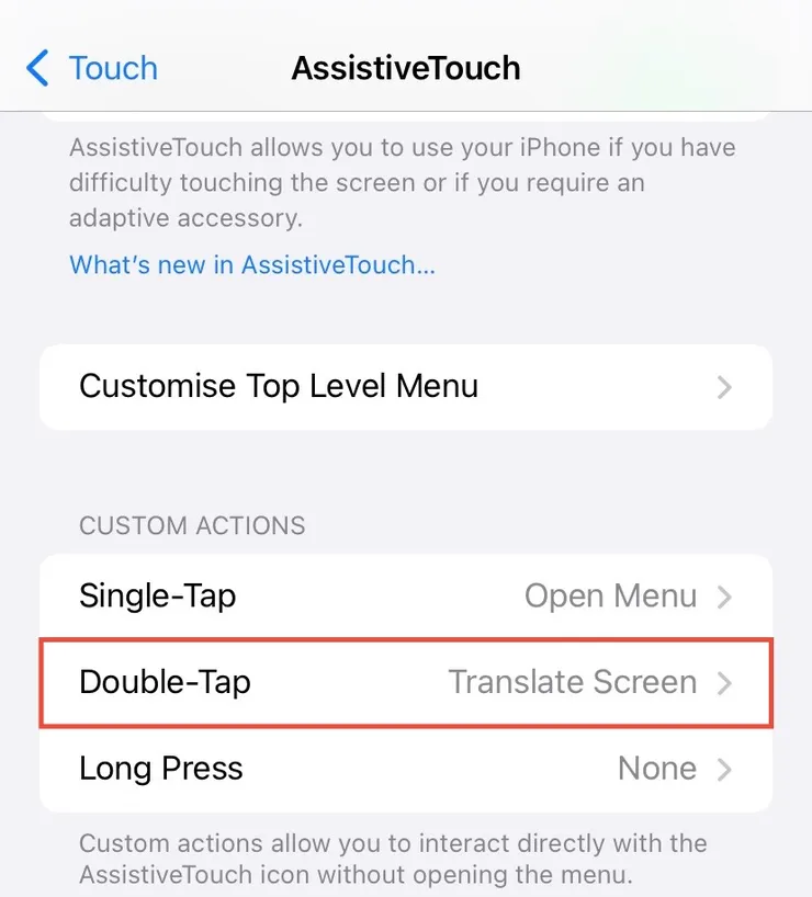 AssistiveTouch settings with the Double-Tap custom action highlighted