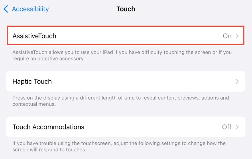 iPad Touch settings with AssistiveTouch highlighted and switched on