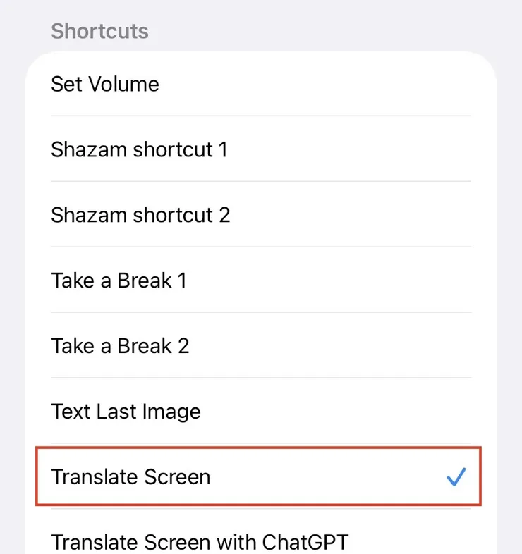 The Double-Tap action list with the Translate Screen shortcut selected